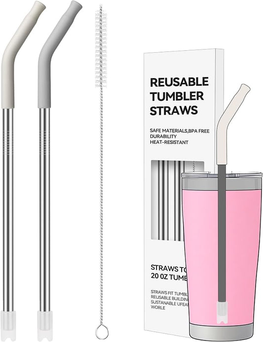 2 PCS 20 oz Straight Metal Straws with Silicone Tip for Tumbler | Long Drinking Replacement Straw for YETI, STANLEY, US Acrylio, BJPKPK, Simple Modern and so on