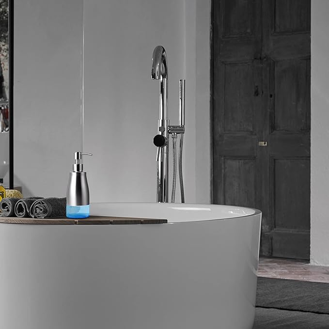 Non-Slip Soap Dispenser with Brushed Nickel Stainless Steel Case, Glass Liner, and Hand Pump for Kitchen/Bathroom. Refillable Liquid Soap Dispenser, 11oz/320ml Capacity.