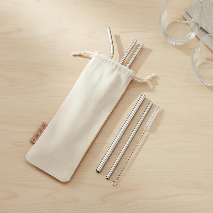 Reusable Stainless Steel Straw Set with Cleaning Brushes & Travel Pouch - 7 Piece Eco-Friendly Kit