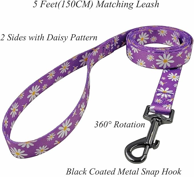 Dog Collar Leash Set, Floral Pattern, Polyester Material, Adjustable Collar and 5ft Matching Leash, for Small Dogs.(S, Purple Daisy)