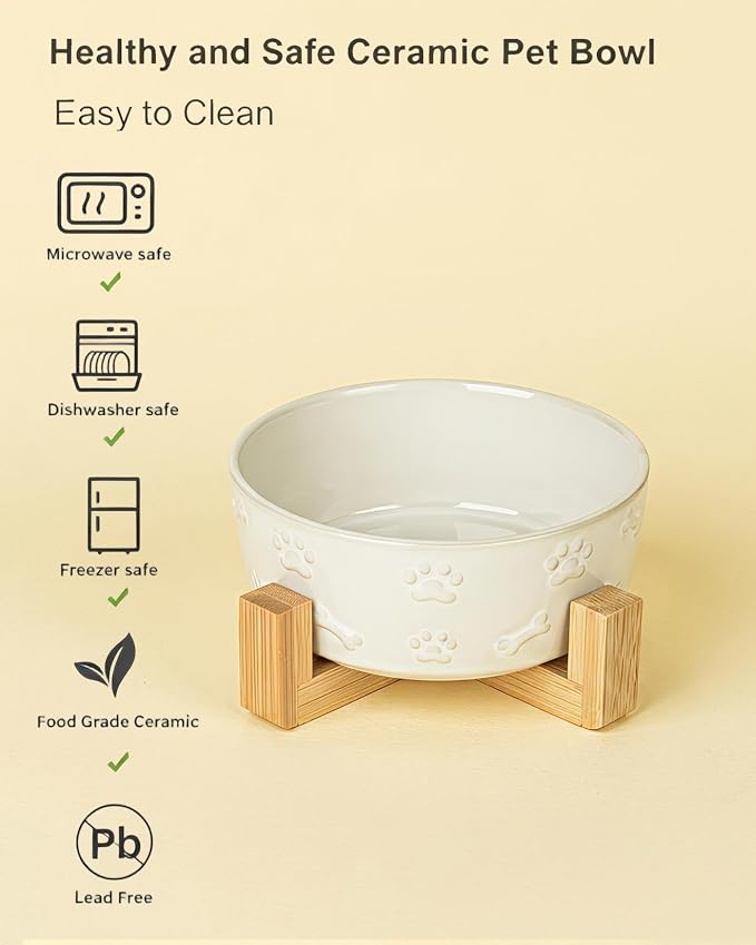 Small Dog Bowls with Stand, 5.5 inch Ceramic Dog Food Water Bowl Set for Small Dogs Puppy Cats Pet Feeding Dish, White with Cute Pattern