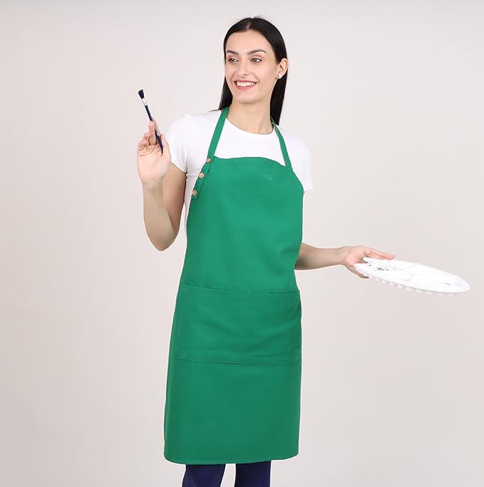 Kitchen Apron Cotton Waterdrop Resistant with adjustable Aprons for Women with Pockets 9 Color option Cooking (Green)