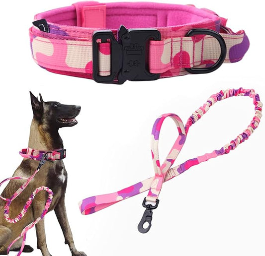 Tactical Dog Collar and Leash Set Adjustable Military Nylon Dog Collar with Control Handle and Heavy Duty Metal Buckle for Large Dogs（Pink Camo XXL