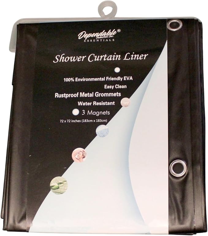 Dependable Industries inc. Essentials Premium 6 Gauge EVA Shower Curtain Liner - PVC Free Magnetized Bottom Odorless with Rustproof Grommets (Black)