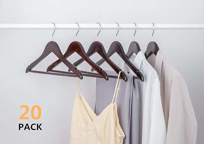 Amber Home 20 Pack 15" Walnut Wooden Clothes Hangers for Women, Teenagers - Solid Wood Dress Coat Hangers With Non-Slip Pants Bar