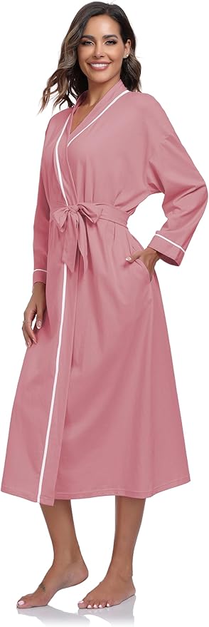 COLORFULLEAF 100% Cotton Women's Robes Summer Lightweight Kimono Soft Long Cotton Bathrobe for Women with Pockets