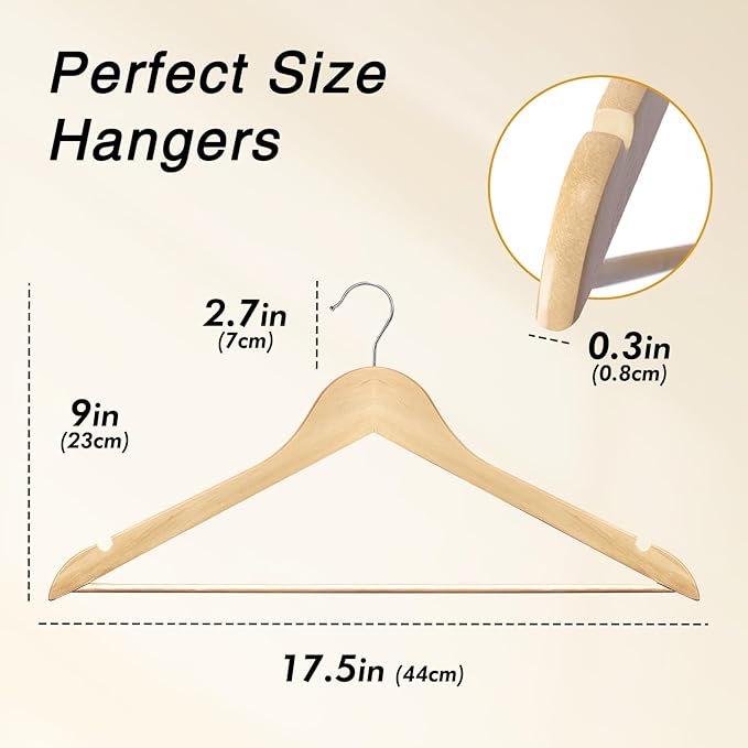 HOUSE DAY Slim Wooden Hangers 30 Pack, Solid Wood Hanger with Non Slip Shoulder Notches & Pant Bar, Smooth Finish Wood Clothes Hangers for Shirts, Suits, Jackets, Natural
