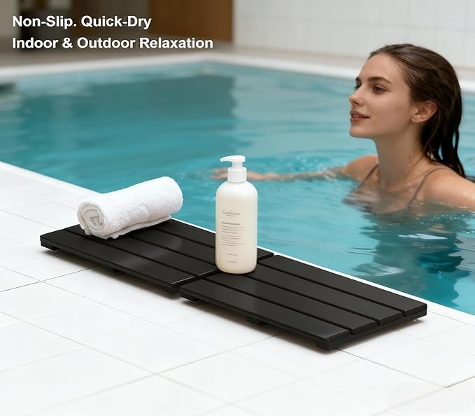Small Bamboo Bath Mat – Mini Wooden Shower Floor Mat for Compact Bathroom, RV or Tight Spaces, Non-Slip, Quick Dry, Easy to Clean, Indoor Outdoor Use, Black(15.8 x 10.2 Inch)
