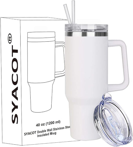 SYACOT 40 oz Tumbler with Handle and Straw Stainless Steel Insulated Tumbler Leak Proof Lid and Straw Lid Reusable Travel Mug Coffee Mug Cup Dishwasher Safe Keep Drinks Cold and Hot (Winter White)