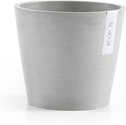 Ecopots Amsterdam Durable Modern Round Indoor/Outdoor Recycled-Based Composite Flower Pot Planter w/Water Reservoir, White Grey, 12"