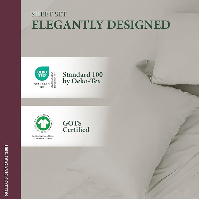 100% Organic Cotton Sheets Twin XL Size - Organic Cotton Twin XL Size Percale Weave Sheet Set (3 PC, Light Grey), Soft, Cooling, Crisp & Breathable, 16" Deep Pocket Hotel Bedding Set