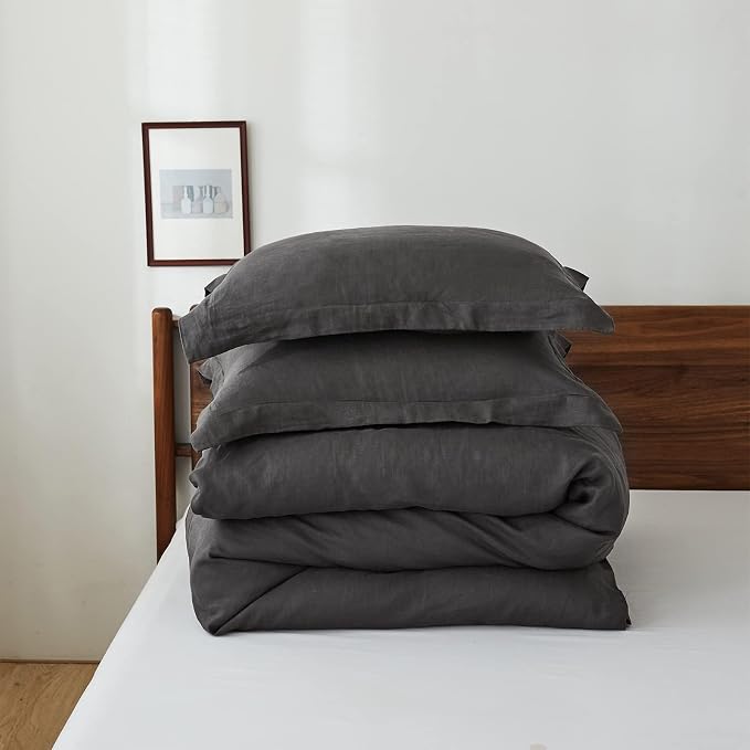 Simple&Opulence 100% Linen Duvet Cover Set, 3 PCS Natural French Flax Dark Grey Duvet Cover Full Size, Breathable Soft Comfy Linen Bedding Comforter Cover with 2 Pillowcases(Dark Grey, 78"x86")