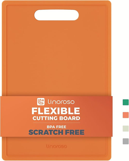 Linoroso Flexible Kitchen Cutting Board - Made from BPA Free Material - Cutting Mark Prevention, 10x14 Inches, Non-Slip Design - Easy-Care Kitchen Essential, Orange