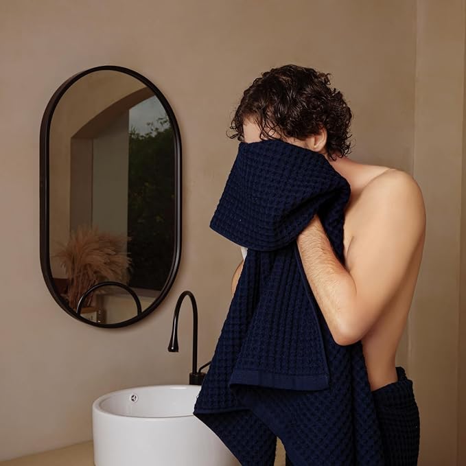 Luxury Organic Japanese Cotton Waffle Bath Towel | Thick, Absorbent, Quick Dry Bathroom Towels for Shower, Sauna, Onsen| Hotel & Spa Quality, Gift-Ready (Ocean Blue, Bath Towel (Set of 2))