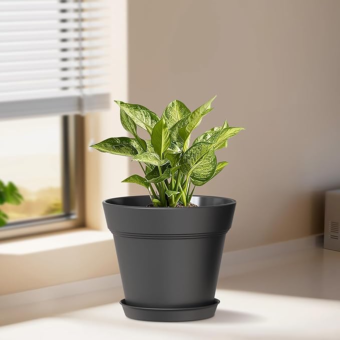 WSMKSZ 7 Inch Thick Plastic Plant Pots with Drainage Holes and Trays – 6 Pack Nursery Pots for Indoor & Outdoor House Plants, Seedling Starter Planters for Garden Flowers, Matte Black