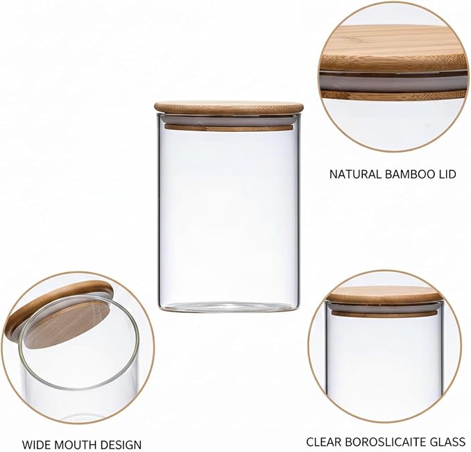 Borosilicate Glass Storage Jars with Bamboo Lids, Clear Kitchen Canisters for Pantry Organization of Dry Goods, Coffee, Tea, and Grains