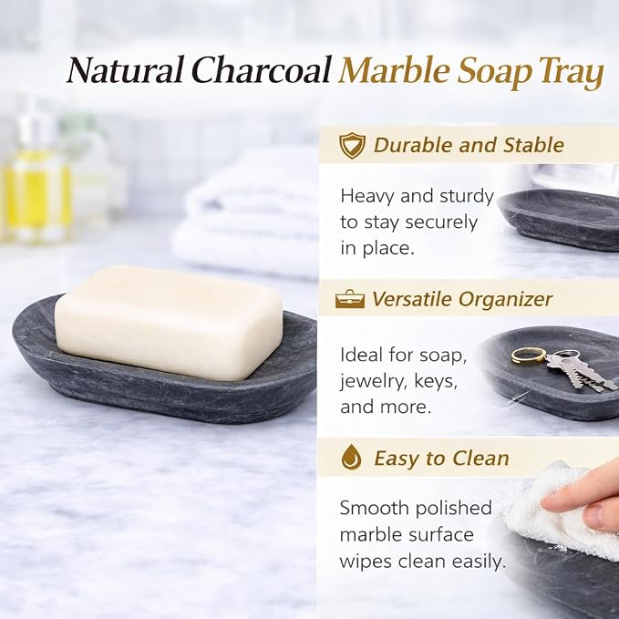 Luxury Hand Carved Natural Charcoal Marble Soap Dish, 3.8 x 5.8 x 0.9 H Inch