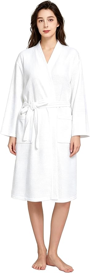 Waffle Robes for Women Knit Cotton Soft Spa Bathrobe | Lightweight Loungewear, Knee Length with Pockets, V Neck, Kimono, Absorbent, Breathable, Removable Belt