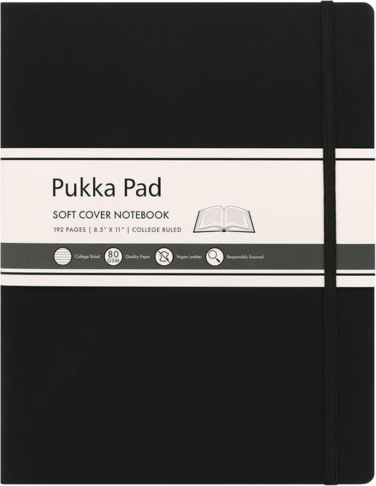 Pukka Pad Soft Cover Letter Size Notebook – Vegan Leather Journal with 192 Pages, 96 Sheets of 80GSM Ivory Paper, College Ruled without Margins – 8.5 x 11in, Black