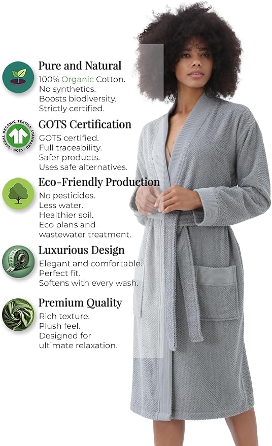 SEYANTE Turkish Cotton Bathrobe for Women - Organic GOTS Certified Terry Hooded Kimono Robe - Spa Quality Women's Cotton Robe