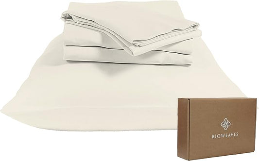 BIOWEAVES 100% Organic Cotton Sheets, 300 Thread Count 3-Piece GOTS Certified Bed Sheet Set Fits Mattress Upto 17" Deep Pocket, Soft & Silky Sateen Weave (Twin XL, Undyed Natural)