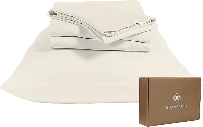 BIOWEAVES 100% Organic Cotton Sheets, 300 Thread Count 4-Piece GOTS Certified Bed Sheet Set Fits Mattress Upto 17" Deep Pocket, Soft & Silky Sateen Weave (King, Undyed Natural)