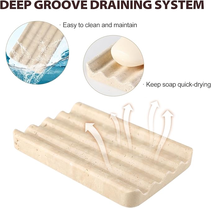 Koville 2PCS Travertine Soap Dishes for Shower, Marble Soap Dish Bar Soap Holder for Sink, Stone Soap Tray for Bathroom, Stripe Grooves Saver Keep Bars Dry Easy Clean