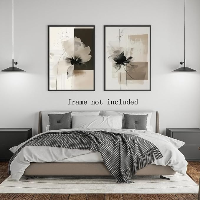 HUYKON Minimalist Abstract Floral Wall Art Prints Set of 2 Neutral Beige Black Flower Canvas Painting Poster Trendy Botanical Picture for Gallery Modern Japandi Boho Home Decor 8x12inch Unframed