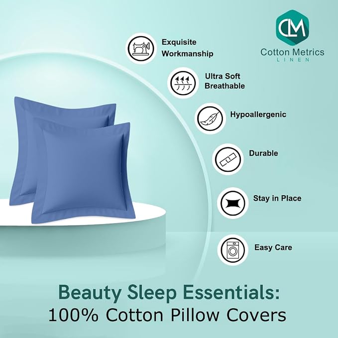 2 Pack Euro Pillow Shams 24x24 – 600 Thread Count 100% Organic Cotton Medium Blue Square Pillow Covers with 2 Inch Flange, Soft & Smooth Premium Hotel-Quality Pillowcases Set of 2