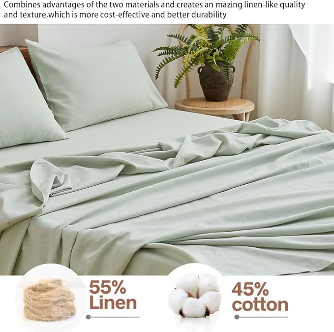BISELINA Linen Sheet French Flax Flat Sheet Only 55% Euro Linen 45% Cotton Basic Style Solid Color Soft Breathable Farmhouse Top Sheet 1-Piece (Twin, Mint Green)