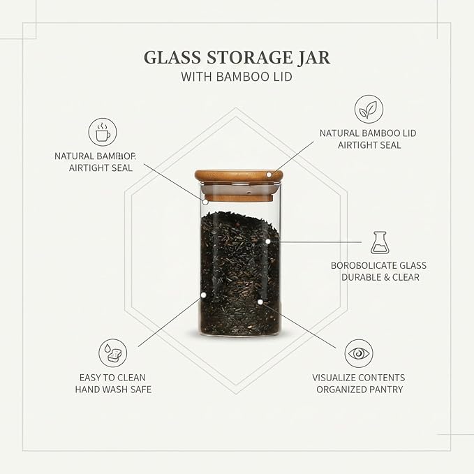 Borosilicate Glass Storage Jar with Bamboo Lid, Airtight Dry Food Canister for Kitchen Pantry & Countertop Organization