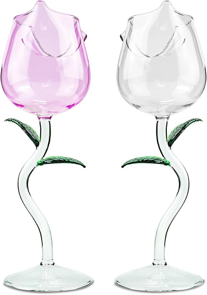 Rose Flower Wine Glasses, Creative Red Wine Glass Set of 2 Rose Flower Goblet Wine Cocktail Juice Glass for Party Dinner Wedding Festival Kitchen Bar (260ml, 2Pcs)