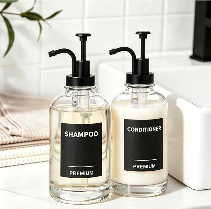 Dish Soap Dispenser for Kitchen, Hand Glass Soap Dispenser Set with Pump, Tray, Funnel for Bathroom, Shower, Laundry, Liquid, Lotion (Black 2 Pack 18 Oz Clear Bottles with 12 Stickers)