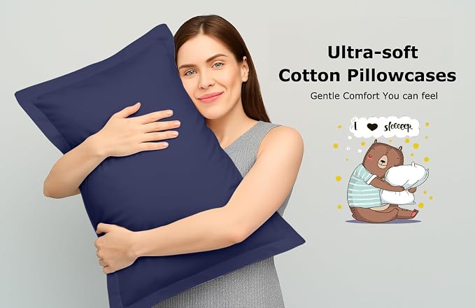 2 Pack Pillow Shams King Size 20x40 – 600 Thread Count 100% Organic Cotton Navy Blue Pillow Covers with 2 Inch Decorative Flange, Soft & Smooth Premium Hotel-Quality Pillowcases Set of 2