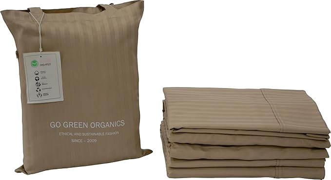 Organic Cotton Soft Sateen Stripe Bed Sheet Set - Luxury Hotel Quality - GOTS Certified - Deep Pocket - Easy Care - King (Khaki)