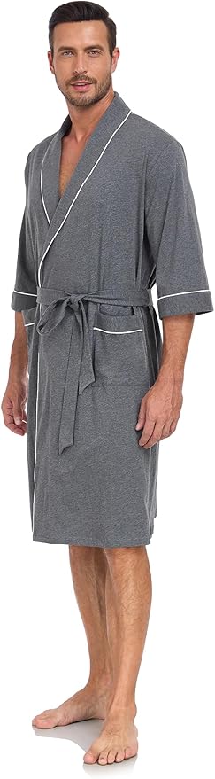 COLORFULLEAF 100% Cotton Men’s Summer Bathrobe Lightweight & Breathable Short Sleeve Kimono Robe with Pockets