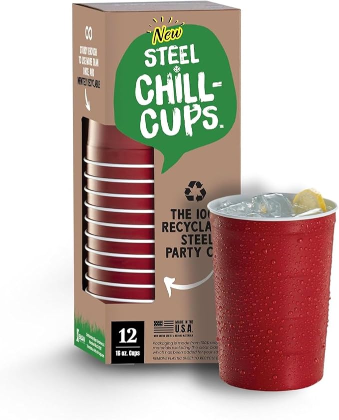 Steel Chill Cups 16 oz. Party Cups, Perfect for Cold Drinks, Sturdy & Durable, Disposable and 100% Recyclable, Made in USA, Red, 12 Count