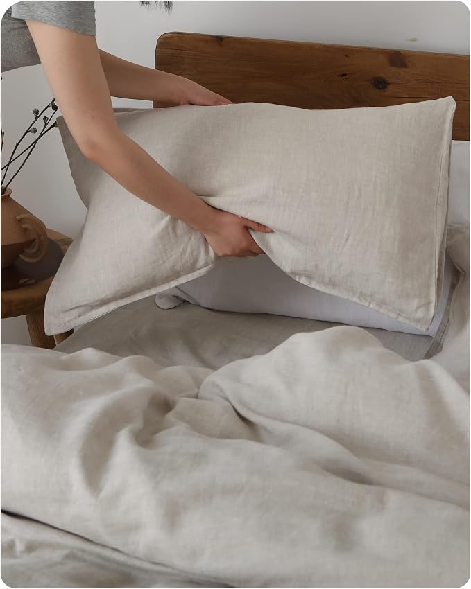 XZ XIFA Linen Pillowcases Queen - Pack of 2-100% Natural Washed French Flax, Breathable, Durable, Textured Envelope Pillowcases - Linen, 20'' x 30''
