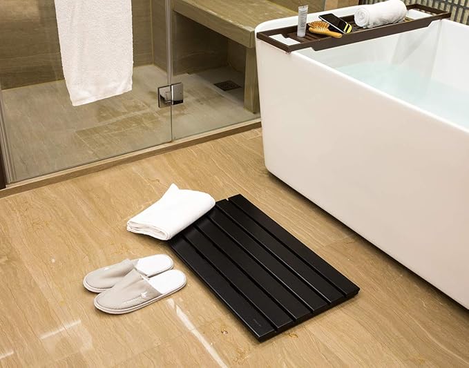 GOBAM Bamboo Bath Mat, Large, 26 x 15.8 x 1.3 inch - Non-Slip Floor Mat for Bathroom, Spa, Sauna, Kitchen, Indoor & Outdoor Spaces, Shower Mat for Bathroom Decor - (Black, 26" long)
