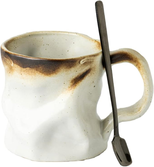 Handmade Ceramic Coffee Mugs, Mugs with Spoon, 11oz, Handmade Pottery Mug with Handle, Hand-painting, Unique Uneven Surface Tea cups, Dishwasher and Microwave Safe (White)