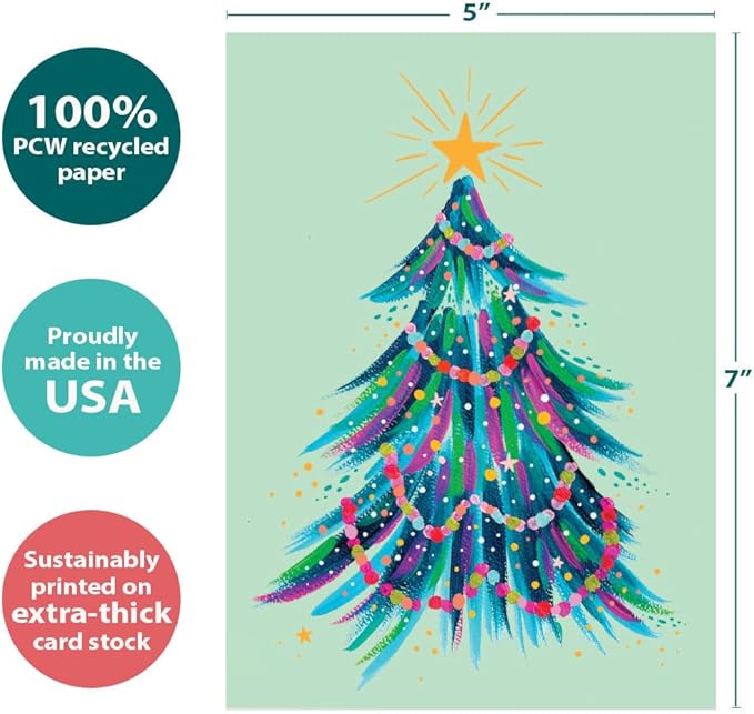 Tree-Free Greetings - Season's Greeting Card - Artful Designs - 1 Card + Matching Envelopes - Made in USA - 100% Recycled Paper - 5 x 7 - Green Tree (VO80705)