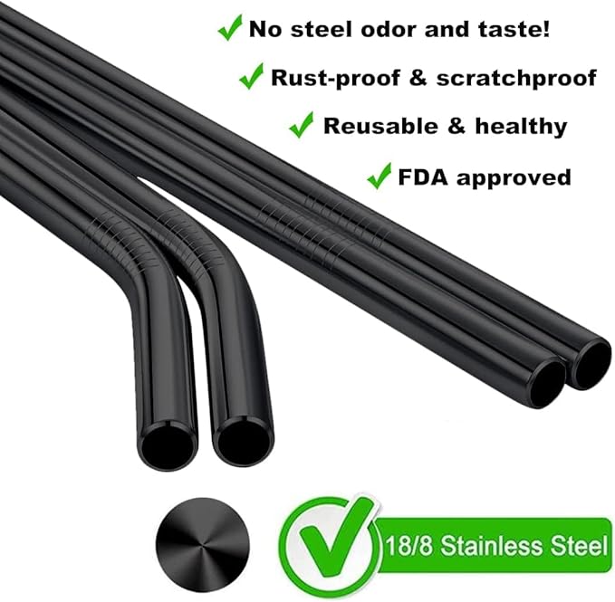 Vinaco Smoothie Straws Reusable & Milkshake Straws 0.5" Diam Wide Mouth Straw, Set of 6 Stainless Steel Straws 10.5" & 8.5" with 1 Long Straw Cleaner Brush，Black Metal Straws for Jumbo Thick Drinks