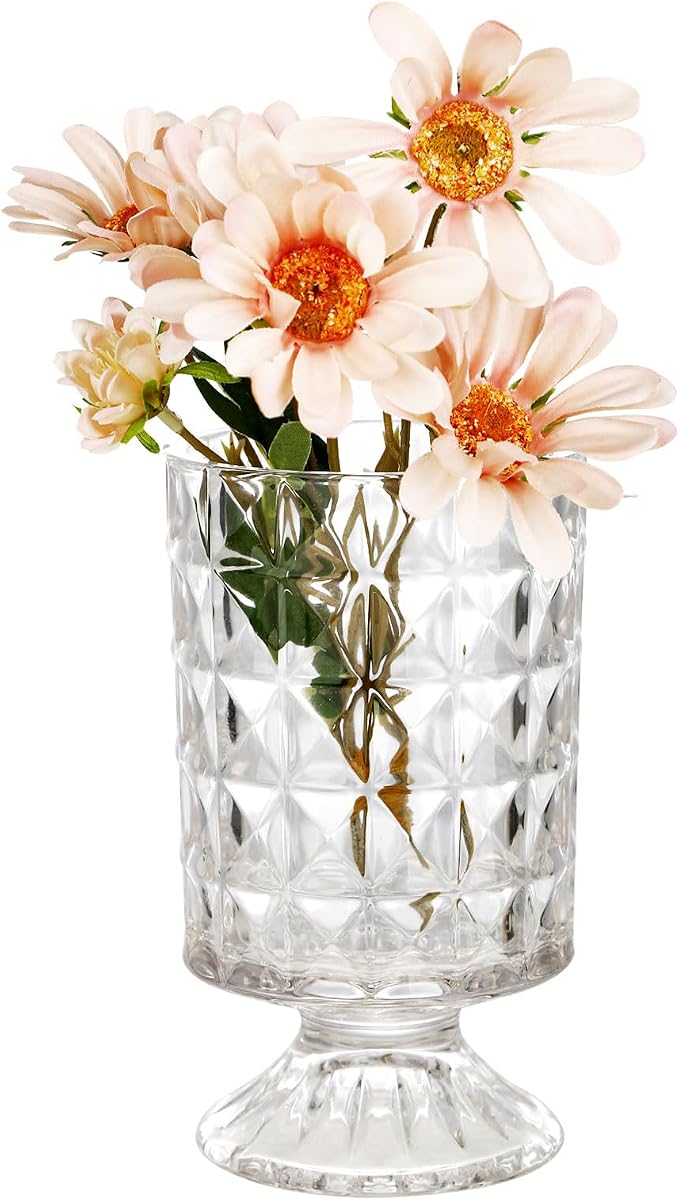 VanEnjoy Pedestal Base Glass Vase Wide Mouth vases for Flowers, Embossed Flower Vase Decorative for Home Office Wedding Holiday Party - 9 inches Diamond