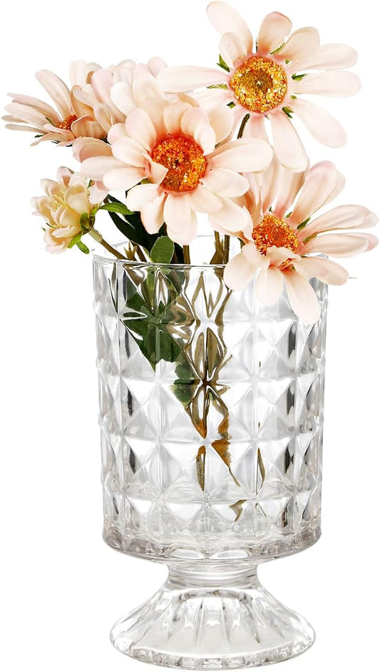 VanEnjoy Pedestal Base Glass Vase Wide Mouth vases for Flowers, Embossed Flower Vase Decorative for Home Office Wedding Holiday Party - 9 inches Diamond