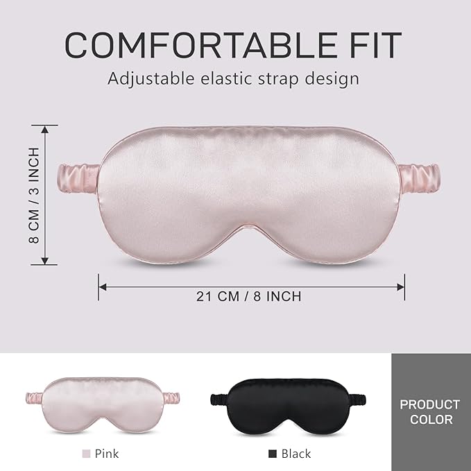 Organic Natural Silk Sleep Mask: 100% Mulberry Silk 25 Momme 6A Soft Pure Eye Mask for Sleeping with Adjustable Strap Zero Pressure Blindfold Nap Travel Essentials Gift (02 Black, 25 Momme)