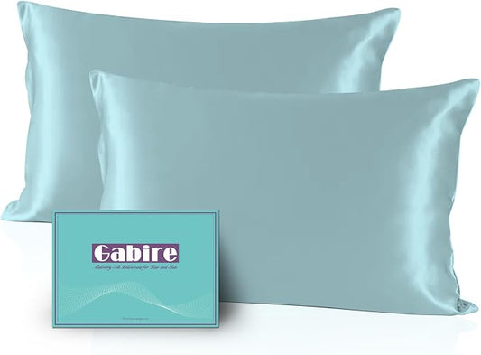 Gabire Mulberry Silk Pillow Cases Set of 2, Both Sides Real Silk Pillow Cover for Hair and Skin Cool Pillowcase Organic Silk Pillowcase 2 Pack with Hidden Zipper, Haze Blue, Queen (20"×30")