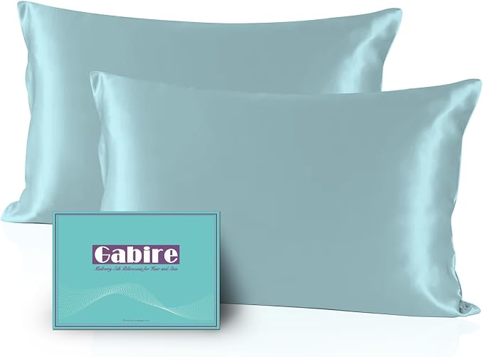 Gabire Mulberry Silk Pillowcases Set of 2, Both Sides Real Silk Pillow Covers for Hair and Skin Prevent Acne Pillowcase Organic Silk Pillowcase 2 Pack with Hidden Zipper, Haze Blue, King (20"×36")