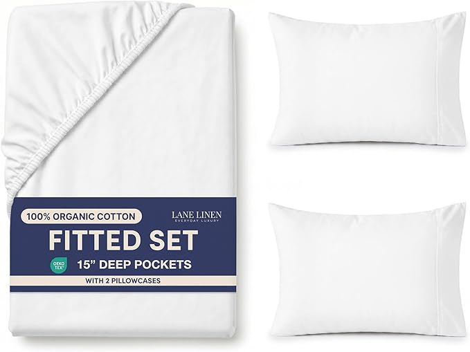 LANE LINEN Fitted Sheet Full Size, 100% Organic Cotton, 3-Piece Set (1 Fitted Sheet, 2 Pillowcases) Percale Weave, Bed Fitted Sheets, Breathable, Fits Mattress Upto 15" Deep - White (No Flat Sheet)