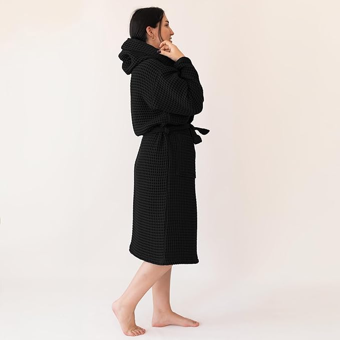 Unisex Hooded Waffle Robe for Women & Men 100% Turkish Cotton | Quick-Dry Bathrobe | Cozy Housecoat for Lounging