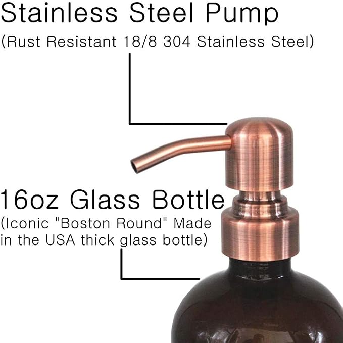2 Pack Thick Amber Glass Pint Jar Soap Dispenser with Copper Stainless Steel Pump, 16ounce Boston Round Bottles Dispenser with Rustproof Pump for Essential Oil, Lotion Soap | Copper Stainless Steel Pumps